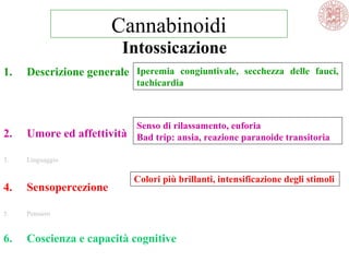 1. Descrizione generale
2. Umore ed affettività
3. Linguaggio
4. Sensopercezione
5. Pensiero
6. Coscienza e capacità cognitive
Iperemia congiuntivale, secchezza delle fauci,
tachicardia
Intossicazione
Colori più brillanti, intensificazione degli stimoli
Cannabinoidi
Senso di rilassamento, euforia
Bad trip: ansia, reazione paranoide transitoria
 
