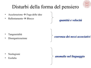 Disturbi della forma del pensiero
• Accelerazione  Fuga delle idee
• Rallentamento  Blocco
• Tangenzialità
• Disorganizzazione
• Neologismi
• Ecolalia
quantità e velocitàquantità e velocità
coerenza dei nessi associativicoerenza dei nessi associativi
anomalie nel linguaggioanomalie nel linguaggio
 