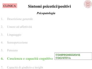 Psicopatologia
1. Descrizione generale
2. Umore ed affettività
3. Linguaggio
4. Sensopercezione
5. Pensiero
6. Coscienza e capacità cognitive
7. Capacità di giudizio e insight
Sintomi psicotici/positivi
COMPROMISSIONECOMPROMISSIONE
COGNITIVACOGNITIVA
CLINICA
 