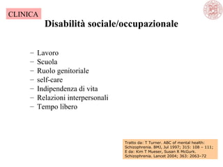 Disabilità sociale/occupazionale
– Lavoro
– Scuola
– Ruolo genitoriale
– self-care
– Indipendenza di vita
– Relazioni interpersonali
– Tempo libero
Tratto da: T Turner. ABC of mental health:
Schizophrenia. BMJ, Jul 1997; 315: 108 – 111;
E da: Kim T Mueser, Susan R McGurk.
Schizophrenia. Lancet 2004; 363: 2063–72
CLINICA
 