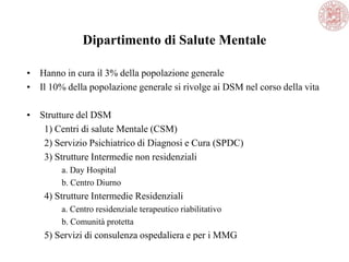 Dipartimento di Salute Mentale
• Hanno in cura il 3% della popolazione generale
• Il 10% della popolazione generale si rivolge ai DSM nel corso della vita
• Strutture del DSM
1) Centri di salute Mentale (CSM)
2) Servizio Psichiatrico di Diagnosi e Cura (SPDC)
3) Strutture Intermedie non residenziali
a. Day Hospital
b. Centro Diurno
4) Strutture Intermedie Residenziali
a. Centro residenziale terapeutico riabilitativo
b. Comunità protetta
5) Servizi di consulenza ospedaliera e per i MMG
 