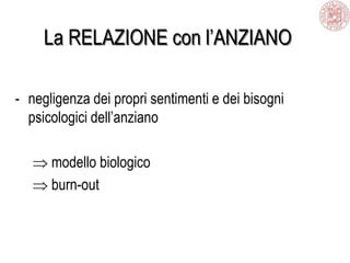 La RELAZIONE con l’ANZIANO
- negligenza dei propri sentimenti e dei bisogni
psicologici dell’anziano
modello biologico
burn-out
 