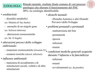 • ereditarietà:
- disordini metabolici
(es. Malattia di Tay-Sachs)
- anomalie di un singolo gene
(es. Sclerosi tuberosa)
- aberrazioni cromosomiche
(es. Sd. X fragile)
• alterazioni precoci dello sviluppo
embrionale:
- mutazioni cromosomiche (trisomia 21)
- sostanze tossiche (alcool, infezioni)
• influenze ambientali:
- mancanza di accudimento e di
stimolazioni sociali, verbali e di altre
stimolazioni
Ritardo mentale: risultato finale comune di vari processi
patologici che alterano il funzionamento del SNC
40%: no eziologia identificabile
EZIOLOGIA
• disturbi mentali:
-Disturbo Autistico e altri Disturbi
Pervasivi dello Sviluppo
• problemi prenatali e perinatali
-malnutrizione del feto
-prematurità
-ipossia
-infezioni
-traumi
• condizioni mediche generali acquisite
durante l’infanzia o la fanciullezza
-infezioni
-traumi
-avvelenamenti (es. da piombo)
 