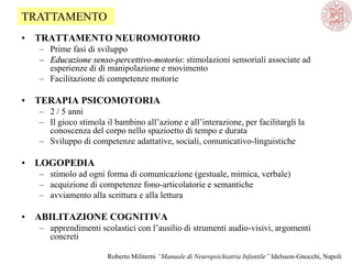 • TRATTAMENTO NEUROMOTORIO
– Prime fasi di sviluppo
– Educazione senso-percettivo-motorio: stimolazioni sensoriali associate ad
esperienze di di manipolazione e movimento
– Facilitazione di competenze motorie
• TERAPIA PSICOMOTORIA
– 2 / 5 anni
– Il gioco stimola il bambino all‘azione e all‘interazione, per facilitargli la
conoscenza del corpo nello spazioetto di tempo e durata
– Sviluppo di competenze adattative, sociali, comunicativo-linguistiche
• LOGOPEDIA
– stimolo ad ogni forma di comunicazione (gestuale, mimica, verbale)
– acquizione di competenze fono-articolatorie e semantiche
– avviamento alla scrittura e alla lettura
• ABILITAZIONE COGNITIVA
– apprendimenti scolastici con l‘ausilio di strumenti audio-visivi, argomenti
concreti
TRATTAMENTO
Roberto Militerni “Manuale di Neuropsichiatria Infantile” Idelsson-Gnocchi, Napoli
 