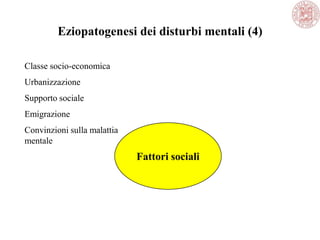 Eziopatogenesi dei disturbi mentali (4)
Fattori sociali
Classe socio-economica
Urbanizzazione
Supporto sociale
Emigrazione
Convinzioni sulla malattia
mentale
 