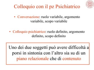 Colloquio con il pz Psichiatrico
• Conversazione: ruolo variabile, argomento
variabile, scopo variabile
• Colloquio psichiatrico: ruolo definito, argomento
definito, scopo definito
Uno dei due soggetti può avere difficoltà a
porsi in sintonia con l‘altro sia su di un
piano relazionale che di contenuto
 