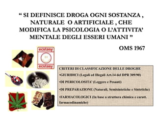 “ SI DEFINISCE DROGA OGNI SOSTANZA ,
NATURALE O ARTIFICIALE , CHE
MODIFICA LA PSICOLOGIA O L’ATTIVITA’
MENTALE DEGLI ESSERI UMANI ”
OMS 1967
CRITERI DI CLASSIFICAZIONE DELLE DROGHE
•GIURIDICI (Legali ed Illegali Art.14 del DPR 309/90)
•DI PERICOLOSITA’ (Leggere e Pesanti)
•DI PREPARAZIONE (Naturali, Semisintetiche e Sintetiche)
•FARMACOLOGICI (In base a struttura chimica e caratt.
farmacodinamiche)
 