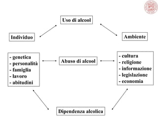 Uso di alcool
Abuso di alcool
Dipendenza alcolica
Individuo
- genetica
- personalità
- famiglia
- lavoro
- abitudini
Ambiente
- cultura
- religione
- informazione
- legislazione
- economia
 