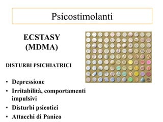 DISTURBI PSICHIATRICI
• Depressione
• Irritabilità, comportamenti
impulsivi
• Disturbi psicotici
• Attacchi di Panico
Psicostimolanti
ECSTASY
(MDMA)
 