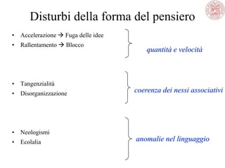 Disturbi della forma del pensiero
• Accelerazione  Fuga delle idee
• Rallentamento  Blocco
• Tangenzialità
• Disorganizzazione
• Neologismi
• Ecolalia
quantità e velocità
coerenza dei nessi associativi
anomalie nel linguaggio
 