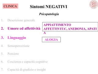 Psicopatologia
1. Descrizione generale
2. Umore ed affettività
3. Linguaggio
4. Sensopercezione
5. Pensiero
6. Coscienza e capacità cognitive
7. Capacità di giudizio e insight
Sintomi NEGATIVI
APPIATTIMENTO
AFFETTIVITA’, ANEDONIA, APATI
A
ALOGIA
CLINICA
 