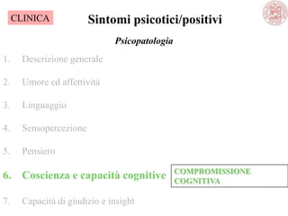 Psicopatologia
1. Descrizione generale
2. Umore ed affettività
3. Linguaggio
4. Sensopercezione
5. Pensiero
6. Coscienza e capacità cognitive
7. Capacità di giudizio e insight
Sintomi psicotici/positivi
COMPROMISSIONE
COGNITIVA
CLINICA
 