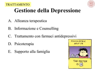 TRATTAMENTO

Gestione della Depressione
A. Alleanza terapeutica
B. Informazione e Counselling
C. Trattamento con farmaci antidepressivi
D. Psicoterapia
E. Supporto alla famiglia

 