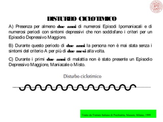DIST B CICL IM
UR O
OT ICO
A) Presenza per almeno due anni di numerosi Episodi Ipomaniacali e di
numerosi periodi con sintomi depressivi che non soddisfano i criteri per un
Episodio Depressivo Maggiore.
B) Durante questo periodo di due anni la persona non è mai stata senza i
sintomi del criterio A per più di due mesi alla volta.
C) Durante i primi due anni di malattia non è stato presente un Episodio
Depressivo Maggiore, Maniacale o Misto.

Tratto da:Trattato Italiano di Psichiatria, Masson, Milano, 1999

 