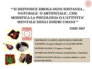“ SI DEFINISCE DROGA OGNI SOSTANZA ,
NATURALE O ARTIFICIALE , CHE
MODIFICA LA PSICOLOGIA O L’ATTIVITA’
MENTALE DEGLI ESSERI UMANI ”
OMS 1967
CRITERI DI CLASSIFICAZIONE DELLE DROGHE
•GIURIDICI (Legali ed Illegali Art.14 del DPR 309/90)
•DI PERICOLOSITA’ (Leggere e Pesanti)
•DI PREPARAZIONE (Naturali, Semisintetiche e Sintetiche)
•FARMACOLOGICI (In base a struttura chimica e caratt.
farmacodinamiche)

 