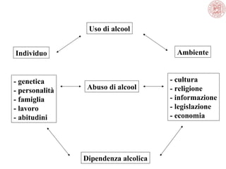 Uso di alcool
Ambiente

Individuo

- genetica
- personalità
- famiglia
- lavoro
- abitudini

Abuso di alcool

Dipendenza alcolica

- cultura
- religione
- informazione
- legislazione
- economia

 