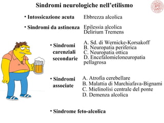 Sindromi neurologiche nell’etilismo
• Intossicazione acuta

Ebbrezza alcolica

• Sindromi da astinenza Epilessia alcolica
Delirium Tremens
• Sindromi
carenziali
secondarie

A. Sd. di Wernicke-Korsakoff
B. Neuropatia periferica
C. Neuropatia ottica
D. Encefalomieloneuropatia
pellagrosa

• Sindromi
associate

A. Atrofia cerebellare
B. Malattia di Marchiafava-Bignami
C. Mielinolisi centrale del ponte
D. Demenza alcolica

• Sindrome feto-alcolica

 