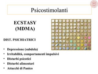 Psicostimolanti
ECSTASY
(MDMA)
DIST. PSICHIATRICI
•
•
•
•
•

Depressione (subdola)
Irritabilità, comportamenti impulsivi
Disturbi psicotici
Disturbi alimentari
Attacchi di Panico

 