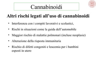 Cannabinoidi
Altri rischi legati all’uso di cannabinoidi
• Interferenza con i compiti lavorativi e scolastici,
• Rischi in situazioni come la guida dell’automobile
• Maggior rischio di malattie polmonari (incluse neoplasie)
• Alterazione della risposta immunitaria
• Rischio di difetti congeniti e leucemia per i bambini
esposti in utero

 
