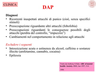 CLINICA

DAP

Diagnosi
• Ricorrenti inaspettati attacchi di panico (cioè, senza specifici
stimoli)
• Preoccupazione riguardante altri attacchi (fobofobia)
• Preoccupazioni riguardanti le conseguenze possibili degli
attacchi (perdita del controllo, “impazzire”)
• Cambiamenti nel comportamento in relazione agli attacchi
Escludere i seguenti
• Intossicazione acuta o astinenza da alcool, caffeina o sostanze
illecite (amfetamine, cannabis, cocaina)
• Epilessia
Tratto da:Anthony S Hale. ABC of mental
health: Anxiety. BMJ, Jun 1997; 314:
1886

 