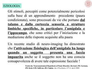 EZIOLOGIA

Gli stimoli, percepiti come potenzialmente pericolosi
sulla base di un apprendimento precedente (paura
condizionata), sono processati da vie che portano dal
talamo e dalla corteccia sensoria a strutture
limbiche specifiche, in particolare l’amigdala e
l’ippocampo, che sono critici per l’iniziazione e la
mediazione delle risposte acquisite alla paura
Un recente studio di neuro-imaging ha dimostrato
che l’attivazione fisiologica dell’amigdala ha luogo
quando un soggetto
presenta una faccia
impaurita anche se il soggetto non ha una conscia
consapevolezza di avere tale espressione facciale !
Tratto da: Neuroanatomical Hypothesis of Panic Disorder, Revised. JM. Gorman,
JM. Kent, GM. Sullivan, JD. Coplan. Am J Psychiatry 157:4, April 2000

 
