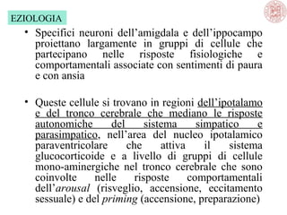 EZIOLOGIA

• Specifici neuroni dell’amigdala e dell’ippocampo
proiettano largamente in gruppi di cellule che
partecipano nelle risposte fisiologiche e
comportamentali associate con sentimenti di paura
e con ansia
• Queste cellule si trovano in regioni dell’ipotalamo
e del tronco cerebrale che mediano le risposte
autonomiche
del
sistema
simpatico
e
parasimpatico, nell’area del nucleo ipotalamico
paraventricolare
che
attiva
il
sistema
glucocorticoide e a livello di gruppi di cellule
mono-aminergiche nel tronco cerebrale che sono
coinvolte
nelle
risposte
comportamentali
dell’arousal (risveglio, accensione, eccitamento
sessuale) e del priming (accensione, preparazione)

 
