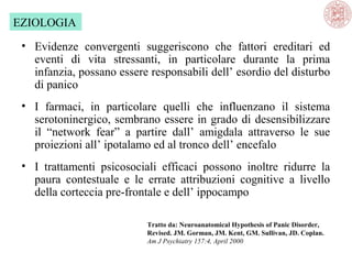 EZIOLOGIA
• Evidenze convergenti suggeriscono che fattori ereditari ed
eventi di vita stressanti, in particolare durante la prima
infanzia, possano essere responsabili dell’ esordio del disturbo
di panico
• I farmaci, in particolare quelli che influenzano il sistema
serotoninergico, sembrano essere in grado di desensibilizzare
il “network fear” a partire dall’ amigdala attraverso le sue
proiezioni all’ ipotalamo ed al tronco dell’ encefalo
• I trattamenti psicosociali efficaci possono inoltre ridurre la
paura contestuale e le errate attribuzioni cognitive a livello
della corteccia pre-frontale e dell’ ippocampo
Tratto da: Neuroanatomical Hypothesis of Panic Disorder,
Revised. JM. Gorman, JM. Kent, GM. Sullivan, JD. Coplan.
Am J Psychiatry 157:4, April 2000

 