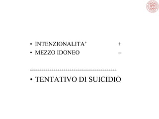 • INTENZIONALITA’
• MEZZO IDONEO

+
–

--------------------------------------------

• TENTATIVO DI SUICIDIO

 
