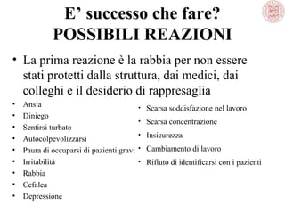 E’ successo che fare?
POSSIBILI REAZIONI
• La prima reazione è la rabbia per non essere
stati protetti dalla struttura, dai medici, dai
colleghi e il desiderio di rappresaglia
•
•
•
•
•
•
•
•
•

Ansia
Diniego
Sentirsi turbato
Autocolpevolizzarsi
Paura di occuparsi di pazienti gravi
Irritabilità
Rabbia
Cefalea
Depressione

• Scarsa soddisfazione nel lavoro
• Scarsa concentrazione
• Insicurezza
• Cambiamento di lavoro
• Rifiuto di identificarsi con i pazienti

 