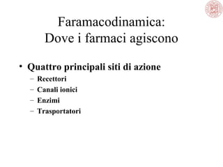 Faramacodinamica:
Dove i farmaci agiscono
• Quattro principali siti di azione
–
–
–
–

Recettori
Canali ionici
Enzimi
Trasportatori

 