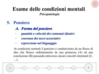 Esame delle condizioni mentali
Psicopatologia

5. Pensiero
A. Forma del pensiero
-

quantità e velocità dei contenuti ideativi
coerenza dei nessi associativi
espressione nel linguaggio

        In condizioni normali il pensiero è caratterizzato da un flusso di 
idee  che  fluisce  ordinatamente  da  una  premessa  (A)  ad  una 
conclusione (B) passando attraverso alcuni concetti intermedi (C,
…).

 