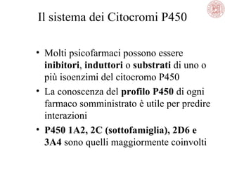 Il sistema dei Citocromi P450
• Molti psicofarmaci possono essere
inibitori, induttori o substrati di uno o
più isoenzimi del citocromo P450
• La conoscenza del profilo P450 di ogni
farmaco somministrato è utile per predire
interazioni
• P450 1A2, 2C (sottofamiglia), 2D6 e
3A4 sono quelli maggiormente coinvolti

 
