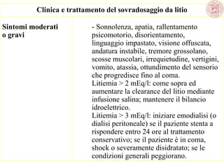 Clinica e trattamento del sovradosaggio da litio
Sintomi moderati
o gravi

- Sonnolenza, apatia, rallentamento
psicomotorio, disorientamento,
linguaggio impastato, visione offuscata,
andatura instabile, tremore grossolano,
scosse muscolari, irrequietudine, vertigini,
vomito, atassia, ottundimento del sensorio
che progredisce fino al coma.
Litiemia > 2 mEq/l: come sopra ed
aumentare la clearance del litio mediante
infusione salina; mantenere il bilancio
idroelettrico.
Litiemia > 3 mEq/l: iniziare emodialisi (o
dialisi peritoneale) se il paziente stenta a
rispondere entro 24 ore al trattamento
conservativo; se il paziente è in coma,
shock o severamente disidratato; se le
condizioni generali peggiorano.

 