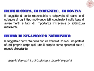 DE IRI DI COL A, DI INDE
L
P
GNIT
A’, DI ROVINA
Il soggetto si sente responsabile e colpevole di danni e di
sciagure di ogni tipo motivando tali convinzioni sulla base di
avvenimenti e fatti di importanza irrilevante o addirittura
inesistenti.

DE IRIO DI NE
L
GAZIONE O NICH IST
IL ICO
Il soggetto è convinto della non esistenza di sé o di una parte di
sé, del proprio corpo o di tutto il proprio corpo oppure di tutto il
mondo circostante.

- disturbi depressivi, schizofrenia e disturbi organici

 