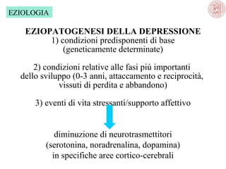 EZIOLOGIA

EZIOPATOGENESI DELLA DEPRESSIONE
1) condizioni predisponenti di base
(geneticamente determinate)
2) condizioni relative alle fasi più importanti 
dello sviluppo (0-3 anni, attaccamento e reciprocità, 
vissuti di perdita e abbandono)
3) eventi di vita stressanti/supporto affettivo
diminuzione di neurotrasmettitori
(serotonina, noradrenalina, dopamina)
in specifiche aree cortico-cerebrali

 
