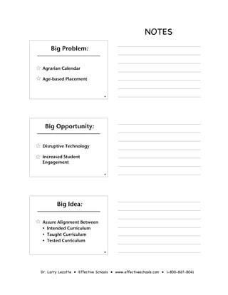 NOTES
     Big Problem:


Agrarian Calendar

Age-based Placement


                                 34




  Big Opportunity:


Disruptive Technology

Increased Student
Engagement

                                 35




        Big Idea:

Assure Alignment Between
• Intended Curriculum
• Taught Curriculum
• Tested Curriculum

                                 36




Dr. Larry Lezotte • Effective Schools • www.effectiveschools.com • 1-800-827-8041
 