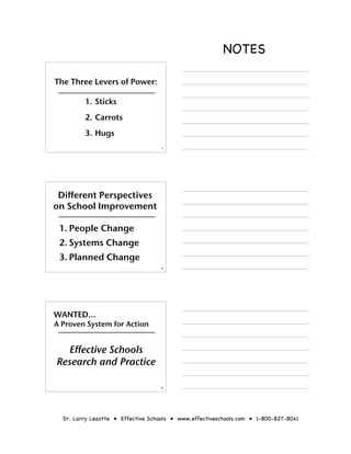 NOTES

The Three Levers of Power:

         1. Sticks
         2. Carrots
         3. Hugs
                                   7




 Different Perspectives
on School Improvement

 1. People Change
 2. Systems Change
 3. Planned Change
                                   8




WANTED…
A Proven System for Action


  Effective Schools
Research and Practice

                                   9




  Dr. Larry Lezotte • Effective Schools • www.effectiveschools.com • 1-800-827-8041
 