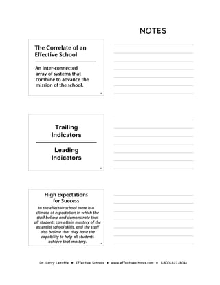 NOTES
The Correlate of an
Effective School

An inter-connected
array of systems that
combine to advance the
mission of the school.
                                      16




            Trailing
          Indicators

           Leading
          Indicators
                                      17




      High Expectations
         for Success
   In the effective school there is a
 climate of expectation in which the
 staff believe and demonstrate that
all students can attain mastery of the
 essential school skills, and the staff
    also believe that they have the
     capability to help all students
         achieve that mastery.        18




   Dr. Larry Lezotte • Effective Schools • www.effectiveschools.com • 1-800-827-8041
 