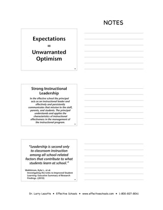 NOTES

      Expectations
           =
      Unwarranted
       Optimism
                                               22




     Strong Instructional
         Leadership
   In the effective school the principal
     acts as an instructional leader and
         effectively and persistently
  communicates that mission to the staff,
    parents, and students. The principal
        understands and applies the
       characteristics of instructional
    effectiveness in the management of
         the instructional program.
                                               23




  “Leadership is second only
    to classroom instruction
   among all school-related
factors that contribute to what
   students learn at school.”
Wahlstrom, Kyla L., et al.
 Investigating the Links to Improved Student
 Learning: Executive Summary of Research
 Findings. (2010)                              24




   Dr. Larry Lezotte • Effective Schools • www.effectiveschools.com • 1-800-827-8041
 