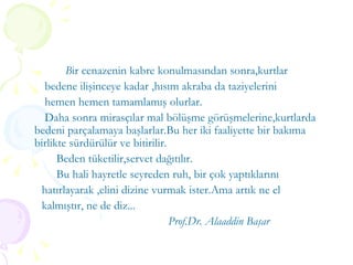 B ir cenazenin kabre konulmasından sonra,kurtlar  bedene ilişinceye kadar ,hısım akraba da taziyelerini  hemen hemen tamamlamış olurlar. Daha sonra mirasçılar mal bölüşme görüşmelerine,kurtlarda bedeni parçalamaya başlarlar.Bu her iki faaliyette bir bakıma birlikte sürdürülür ve bitirilir.  Beden tüketilir,servet dağıtılır. Bu hali hayretle seyreden ruh, bir çok yaptıklarını  hatırlayarak ,elini dizine vurmak ister.Ama artık ne el kalmıştır, ne de diz... Prof.Dr. Alaaddin Başar 