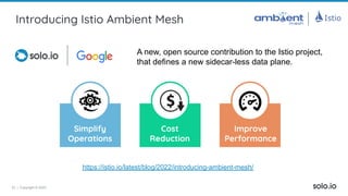 33 | Copyright © 2022
Introducing Istio Ambient Mesh
A new, open source contribution to the Istio project,
that defines a new sidecar-less data plane.
Improve
Performance
Simplify
Operations
Cost
Reduction
https://istio.io/latest/blog/2022/introducing-ambient-mesh/
 
