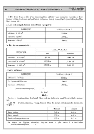 JOURNAL OFFICIEL DE LA REPUBLIQUE ALGERIENNE N° 7810
9 Rabie El Aouel 1436
31 décembre 2014
……….. (le reste sans changement) ……….. ».
Section 3
Timbre
Art. 24. — Les dispositions de l’article 52 du code du timbre sont modifiées et rédigées comme
suit :
« Art. 52. — L’administration de l’enregistrement débite des papiers timbrés dans les dimensions
ci-après :
SUPERFICIE TAXE APPLICABLE
Inférieure à 100 m2
De 100 m2 à 200 m2
Supérieure à 200 m2
500 DA
1.000 DA
1.500 DA
a) Lots bâtis compris dans un immeuble en copropriété :
SUPERFICIE
TAXE APPLICABLE
b) Terrain nus ou construits :
Nus Construits
500 DA
1.000 DA
1.500 DA
1.000 DA
1.500 DA
2.000 DA
Inférieure à 1000 m2
De 1000 m2 à 3000 m2
Supérieure à 3000 m2
SUPERFICIE TAXE APPLICABLE
Inférieure à 5 hectares
De 5 hectares à 10 hectares
Supérieure à 10 hectares
500 DA
1.000 DA
1.500 DA
c) terres agricoles :
6) Des droits fixes au titre d’une immatriculation définitive des immeubles cadastrés au livre
foncier, opérée directement au bénéfice du titulaire du titre de propriété préexistant dûment publié,
fixés comme suit :
Papier registre :
Papier normal :
Demi-feuille de papier normal :
Hauteur Largeur
0,42 m
0,72 m
0,27 m
0,54 m
0,42 m
0,21 m
Ils portent un filigrane particulier, imprimé dans la pâte même à la fabrication
….. (le reste sans changement) …… ».
 