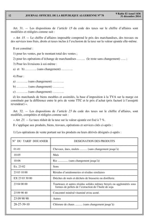 JOURNAL OFFICIEL DE LA REPUBLIQUE ALGERIENNE N° 7812
9 Rabie El Aouel 1436
31 décembre 2014
Art. 31. — Les dispositions de l’article 15 du code des taxes sur le chiffre d’affaires sont
modifiées et rédigées comme suit :
« Art. 15. — Le chiffre d’affaires imposable comprend le prix des marchandises, des travaux ou
des services tous frais, droits et taxes inclus à l’exclusion de la taxe sur la valeur ajoutée elle-même.
Il est constitué :
1) pour les ventes, par le montant total des ventes ;
2) pour les opérations d’échange de marchandises …….. (le reste sans changement) ….. ;
3) Pour les livraisons à soi-même :
a) et b) ……….. (sans changement) ………..
4) Pour :
a) ……….. (sans changement) ………..
b) ……….. (sans changement) ………..
c) ……….. (sans changement) ………..
d) les marchands de biens meubles et assimilés, la base d’imposition à la TVA sur la marge est
constituée par la différence entre le prix de vente TTC et le prix d’achat (prix facturé à l’assujetti
revendeur) ».
Art. 32. — Les dispositions de l’article 23 du code des taxes sur le chiffre d’affaires, sont
modifiée, compétées et rédigées comme suit :
« Art. 23. — Le taux réduit de la taxe sur la valeur ajoutée est fixé à 7 %.
Il s’applique aux produits, biens, travaux, opérations et services cités ci-après :
1) Les opérations de vente portant sur les produits ou leurs dérivés désignés ci-après :
N° DU TARIF DOUANIER DESIGNATION DES PRODUITS
01-01
10-05
10-06
Ex. 23-02
23 03 10 00
EX 23 03 30 00
23 04 00 00
23 09 90 40
23 09 90 90
28-27-39-10
Chevaux, ânes, mulets .......... (sans changement jusqu’à)
Maïs
Riz .............. (sans changement jusqu’à)
Sons
Résidus d’amidonneries et résidus similaires
Drèches de maïs et déchets de brasserie ou distillerie.
Tourteaux et autres résidus solides mêmes broyés ou agglomérés sous
formes de pellets de l’extraction de l’huile de soja.
Concentré minéral vitaminé et/ou azoté.
Autres
Chlorure de chaux .......... (sans changement jusqu’à)
 