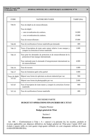 JOURNAL OFFICIEL DE LA REPUBLIQUE ALGERIENNE N° 78 35
9 Rabie El Aouel 1436
31 décembre 2014
DEUXIEME PARTIE
BUDGET ET OPERATIONS FINANCIERES DE L’ETAT
Chapitre Premier
Budget général de l’Etat
Section 1
Ressources
Art. 100. — Conformément à l’état « A » annexé à la présente loi, les recettes, produits et
revenus applicables aux dépenses définitives du budget général de l’Etat pour l’année 2015 sont
évalués à quatre mille six cent quatre-vingt-quatre milliards six cent cinquante millions de dinars
(4.684.650.000.000 DA).
CODE NATURE DES TAXES TARIF (DA)
746-01
746-09
746-13
746-15
746-16
746-17
Taxes de dépôt
747-03
747-07
747-10
Taxe de dépôt ou de renouvellement.
Taxe de dépôt :
— sans revendication de couleurs.
— avec revendication de couleurs.
Taxe de renouvellement :
Taxe de rectification d’erreur matérielle par demande
Taxes d’inscription de toute autre nature relative à une marque y
compris la correction d’erreur matérielle
Taxe pour les demandes de protection et de renouvellement de la
protection d’une marque internationale
Taxe nationale pour la demande d’enregistrement international ou
de renouvellement
Taxe de recours
Taxe de limitation après refus partiel
Déposé sous forme de spécimen ou dessin industriel par vue
Déposé sous forme de photographie par vue
Taxe d’inscription de toute nature y compris la correction d’erreur
matérielle
Taxe de rectification d’erreur matérielle
14.000
15.000
15.000
400
1.600
4.000
1.000
1.000
500
2.000
800
400
 
