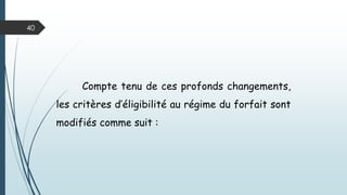 40
n) Dispense des nouveaux contribuables soumis au
régime de l’IFU du paiement de l’impôt durant la
première année d’exploitation.
 