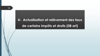 44
La population soumise à l’IFU augmentera
éventuellement de 225 158 PP et de 54 851 PM.
Le supplément de 280 000 nouveaux
contribuables portera la population forfaitaire à
plus de 1 200 000 personnes non soumis au
contrôle fiscal conventionnel.
 