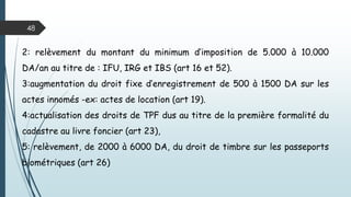 48
NB: l’application du nouveaux taux de 23%
concerne l’exercice 2015 (acomptes provisionnels
et liquidation 2016).
L’exercice 2014 se liquidera au 30/04/15
suivant le nouveau taux unifié.
 