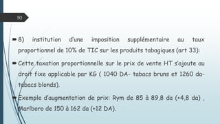 50
6: soumission des biens d’occasion à la TVA sur la marge (art 31),
7: soumission au taux réduits de TVA à 7% des matières premières
pour la fabrication de l’aliment de volaille ainsi que du poulet de
chaire et les œufs (art 32).
 