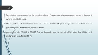 53
1- Institution d’une amende fiscale égale au quadruple
des droits éludés avec un seuil minimum de 100.000 DA
, sur la détention ou la vente d’ouvrages en métaux
précieux importés en dépit du dispositif légal prévu en
la matière (art 41)
 