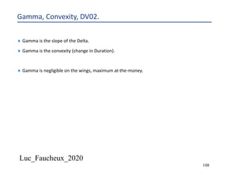 Luc_Faucheux_2020
108
Gamma, Convexity, DV02.
¨ Gamma is the slope of the Delta.
¨ Gamma is the convexity (change in Duration).
¨ Gamma is negligible on the wings, maximum at-the-money.
 